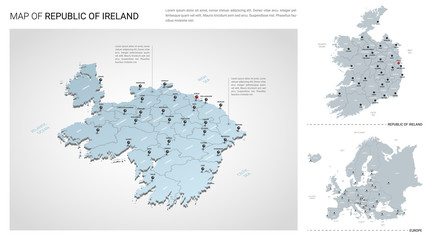 Vector set of  Republic of Ireland.  Isometric 3d map,  Republic of Ireland map, Europe map - with region, state names and city names.