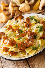 Delicious ravioli with chanterelles and parmesan cheese close-up on a plate. vertical