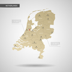 Stylized vector Netherlands map.  Infographic 3d gold map illustration with cities, borders, capital, administrative divisions and pointer marks, shadow; gradient background. 