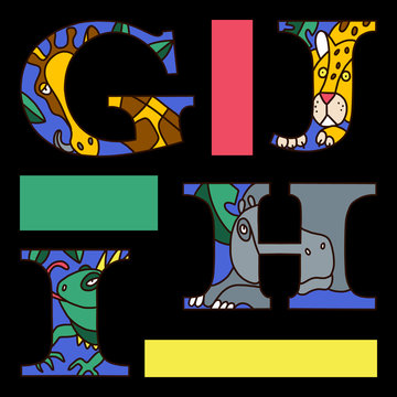 Serif alphabet letters set with colored doodle giraffe, jaguar, iguana, hippopotamus