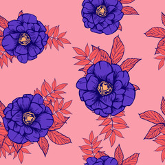 Beautifull Tropical flowers and leaves seamless pattern design