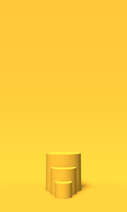 Podium, pedestal or platform gold color on yellow background. Abstract illustration of simple geometric shapes. 3D rendering.