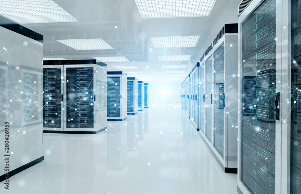 Poster connection network in servers data center room storage systems 3d rendering