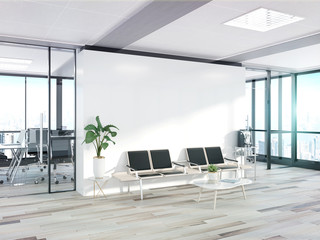 Blank white wall in concrete waiting room with large windows Mockup 3D rendering