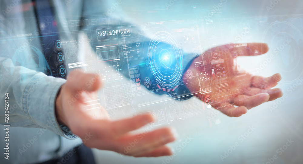 Poster Businessman using digital technological interface with datas 3D rendering