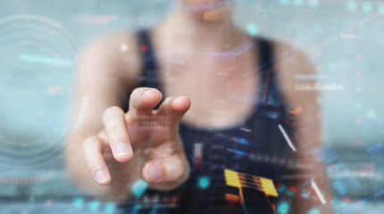 Woman using digital technological interface with datas 3D rendering