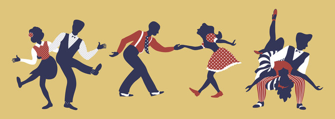 Horizontal composition of three couples. Set of pairs in 1940s or 1950s style dancing lindy hop or boogie woogie. Vector illustration in yellow, blue and red colors.