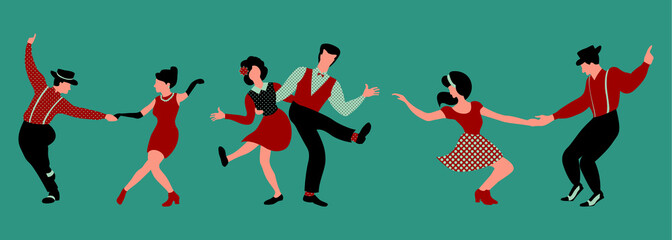 Set of three couples dancing swing. People in 1940s or 1950s style performing lindy hop or boogie woogie. Vector illustration in red and green colors.
