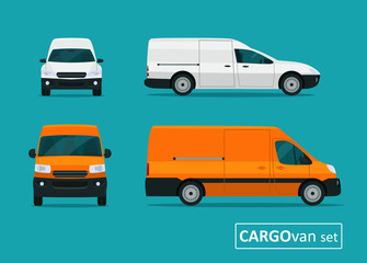 Cargo van set. Side view and front view. Vector flat style illustration.