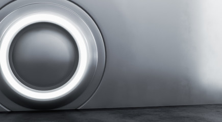 Abstract interior design of Silver metallic modern showroom element with concrete floor. Empty Future background 3D Rendering.