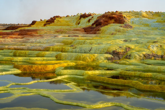 Sunset at Dalol in the Danakil Dessert, Ethiopia. One of the hottest places on the planet