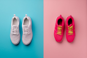 A studio shot of running shoes on bright color background. Flat lay.
