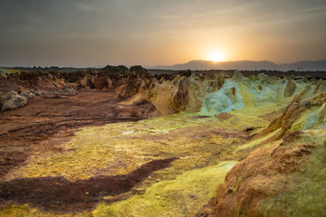 Fototapeta na wymiar Sunset at Dalol in the Danakil Dessert, Ethiopia. One of the hottest places on the planet