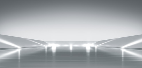 Elegant white futuristic light and reflection with grid line background. 3D rendering.