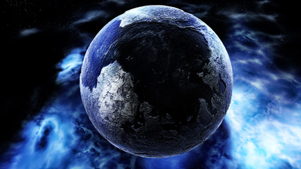 frozen planet earth in deep space with cold nebula cloud background