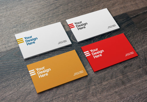 4 Business Cards on Wooden Surface Mockup