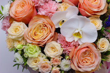 mixed bouquet of flowers close up white orchid phalaenopsis