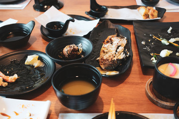 Left over japanese foods after having lunch meal
