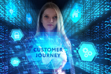 The concept of business, technology, the Internet and the network. A young entrepreneur working on a virtual screen of the future and sees the inscription: Customer journey