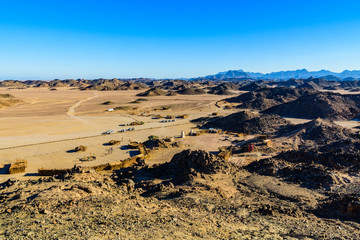 Fototapeta na wymiar View on bedouin village in Arabian desert not far from the Hurghada city, Egypt