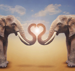 A pair of elephants arrange trumpets in the shape of a heart.  Concept for greeting card, poster, cover, and more. - 280433340