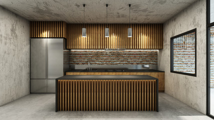 Kitchen Design Modern & Loft ,Top counter black stainless,Wood slat counter,Back counter top counter black stainless,Wood counter,Concrete floors - 3D render