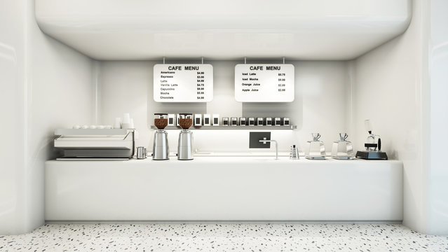 Cafe shop modern & Minimal design Counter white gloss,White gloss wall, The shelf behind the counter is a white gloss.-3D render