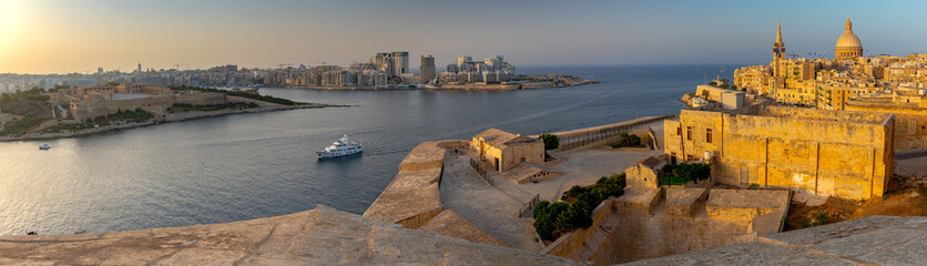 Malta. Panoramic view of the city and the bay in the early morning.