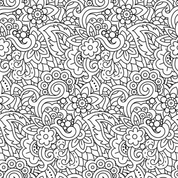 Vector hand drawn line seamless illustration of abstract colored flower and leaves