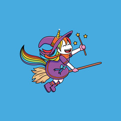 Witches Unicorn flying using a broomstick