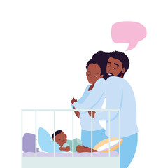 mom and dad taking care baby in bed