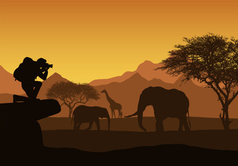 Realistic illustration of African safari with mountain landscape, trees and elephant and giraffe. Tourist with backpack takes photographing of animals. Under the orange sky with rising sun, vector © Forgem