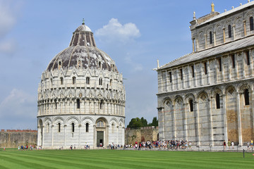 A view of the cathedral and the babtiesterium in the square of wonders in Pisa.