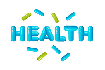 Word health made from blue capsules pills isolated on white background. Health concept