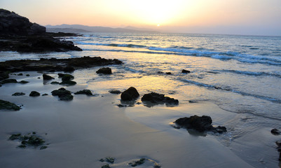 Sunrise by the Sea with Low Tide in Fuerteventura, Canary Islands
