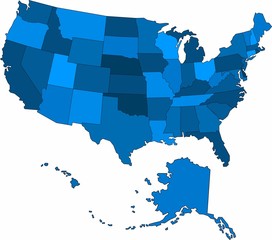 Blue outline USA map on white background. Vector illustration.