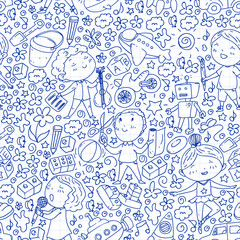Painted by hand style seamless pattern on the theme of childhood. Vector illustration for children design. Drawing on squared notebook.