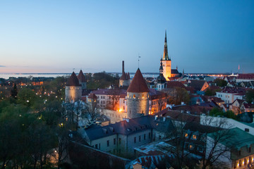 Beautiful scenic aerial view of the Tallinn old town, Estonia with towers and churches, Baltic sea...