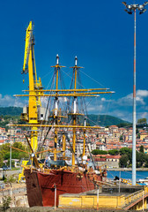 old military sailing vessel in  dry dock for working