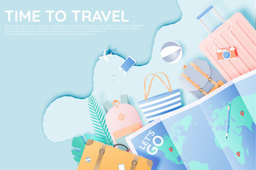 Various bag and luggage for travel in paper art style and pastel color