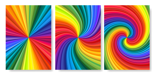 Backgrounds set of vivid rainbow colored swirl twisting towards center. Paper A4 size Vector illustration