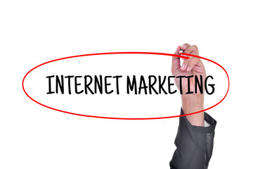 Hand writing a word INTERNET MARKETING on white background