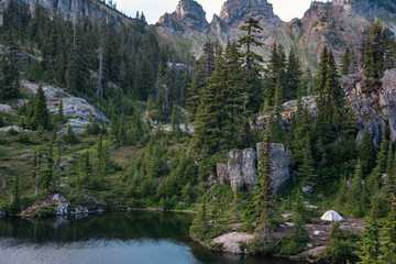 Sunrise over campground on the shores of Lina Lake in the Alpine Lakes Wilderness. Central Cascade...
