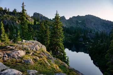 Sunrise at Lila Lake in the Alpine Lake Wilderness. Central Cascade mountain range, Washington...