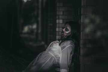 Portrait of asian woman make up ghost face with blood,Horror scene,Scary background,Halloween...
