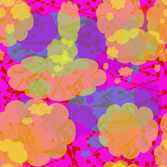 Seamless pattern of multicolored spots, lines and points. Yellow, red, turquoise, lilac abstract elements with translucency and overlapping.