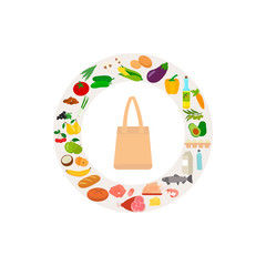 Eco bags paper package with fresh healthy produce. Products from the shop. Vegetables, bread, dairy products,  meat and eggs. Vector illustration on white background