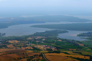 Istambul, Turkey. View of the forest and the lake from the airplane porthole