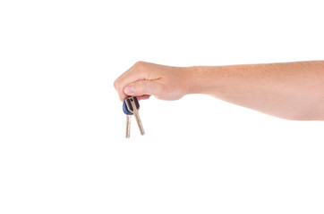 A man holds the keys to the lock in the palm on a white background