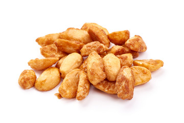 Glazed almond nuts, isolated on white background